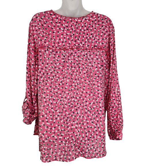 Zac & Rachel Blouse Shirt Women 1X Button Ruffles Long Roll Tab Sleeve Dots Pink - Picture 2 of 11